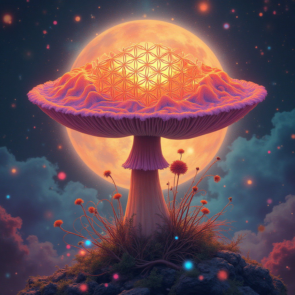 Cosmic Mushroom with Flower of Life in Watercolor Style