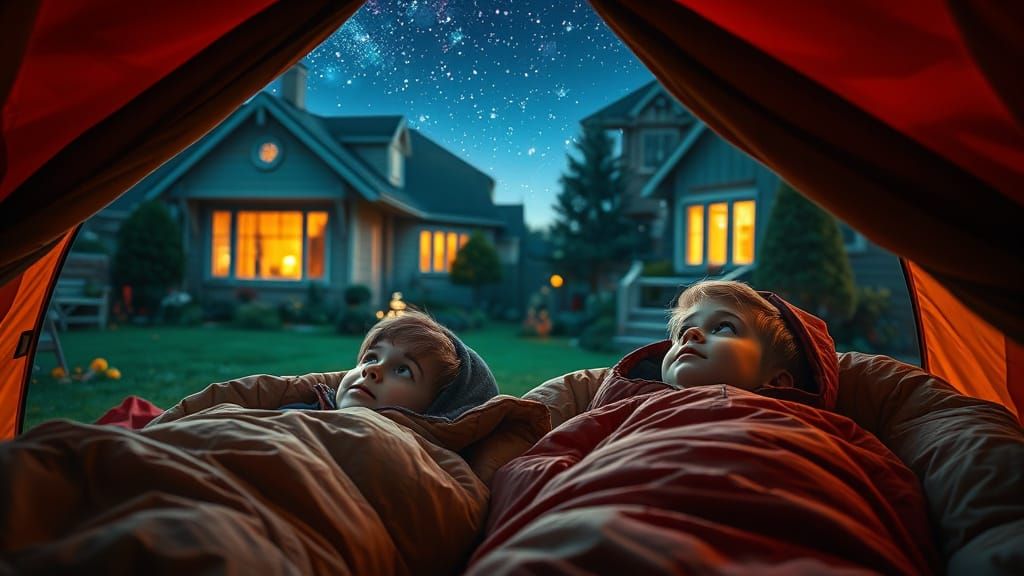 Boys in Tent Gazing at Starry Night Sky