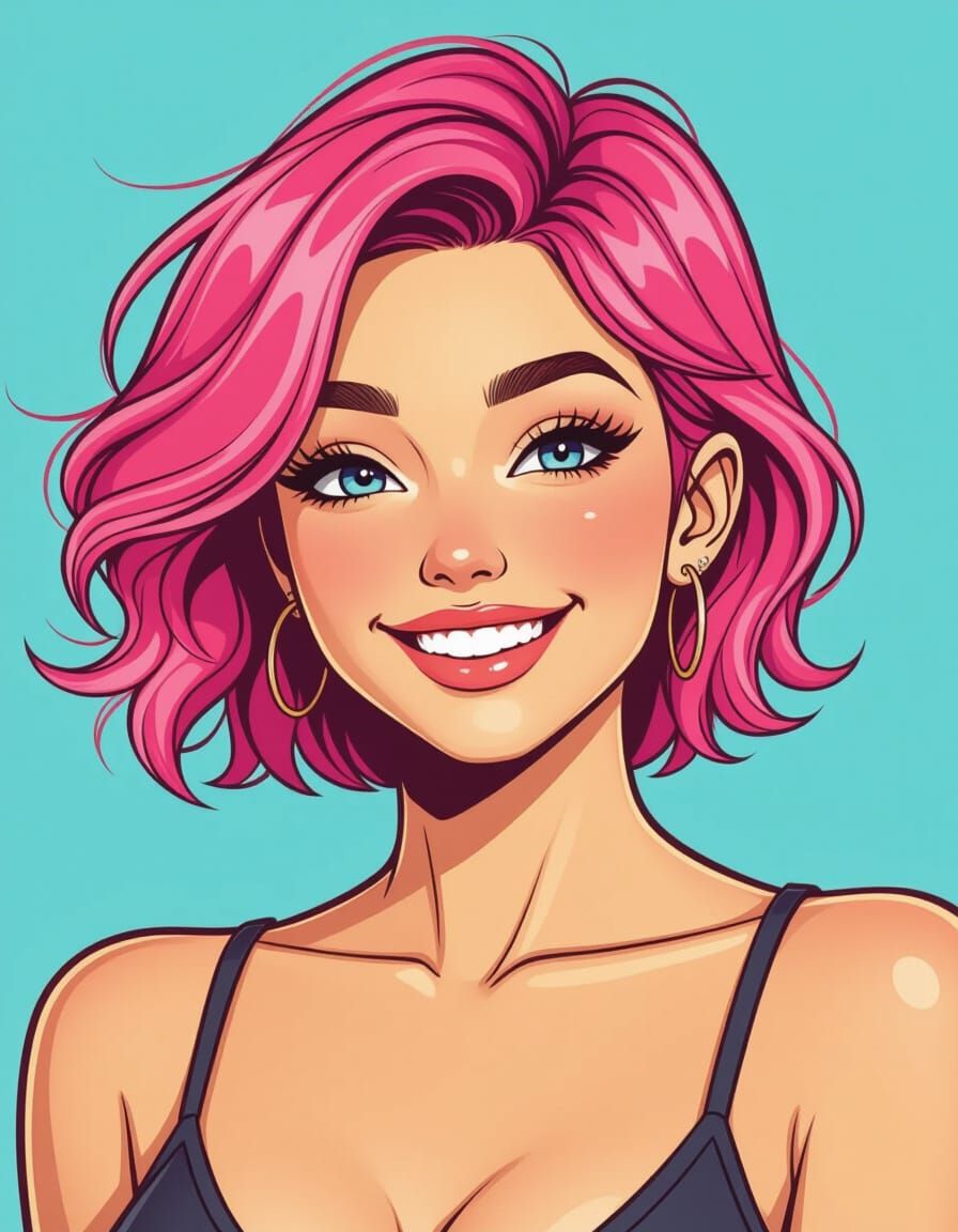Beautiful Woman with Pink Hair Smiling in Comic Art Style