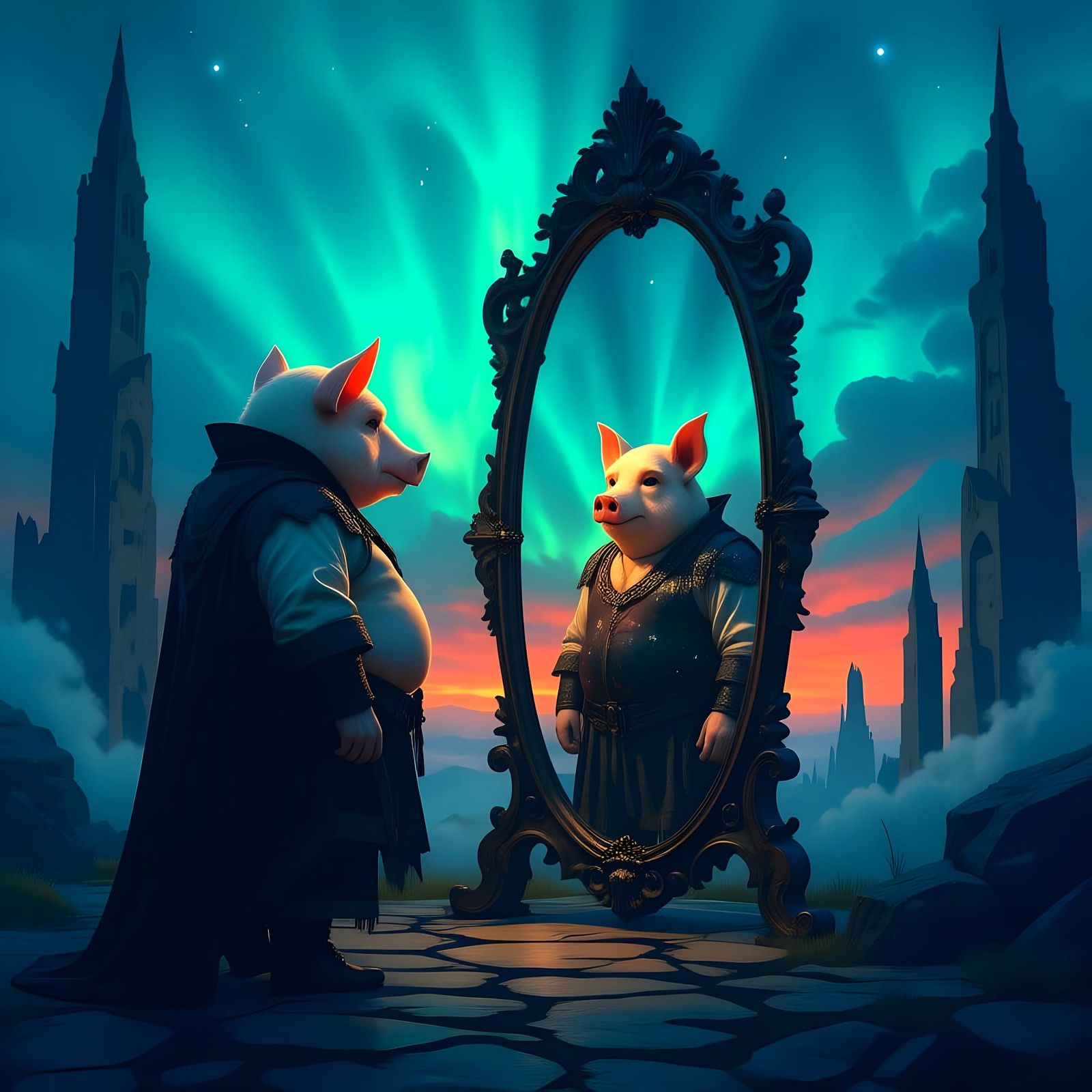 Pig-Headed Man and Boar Reflection Under Aurora