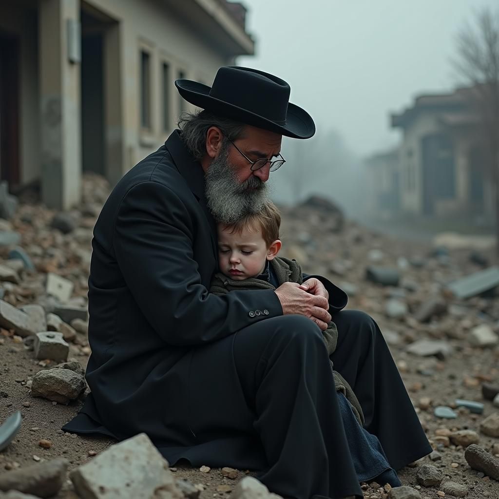 Mourning Father and Son in Ruins: A Somber Scene