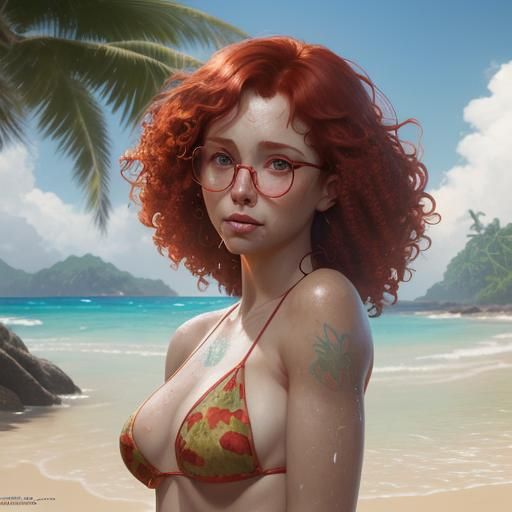 Redhead in Green Bikini on Tropical Beach