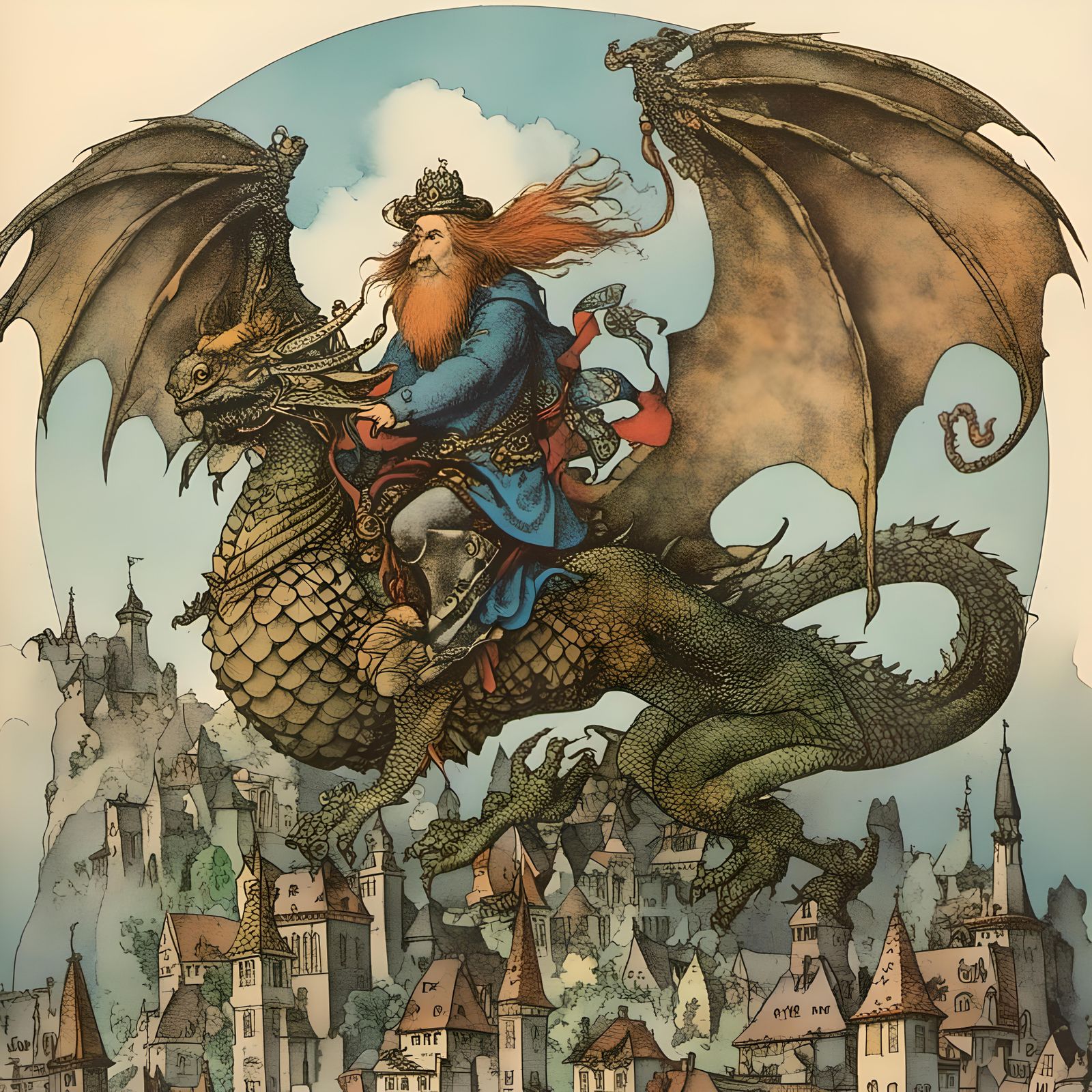 Man Rides Dragon in a Hans Arnold Style