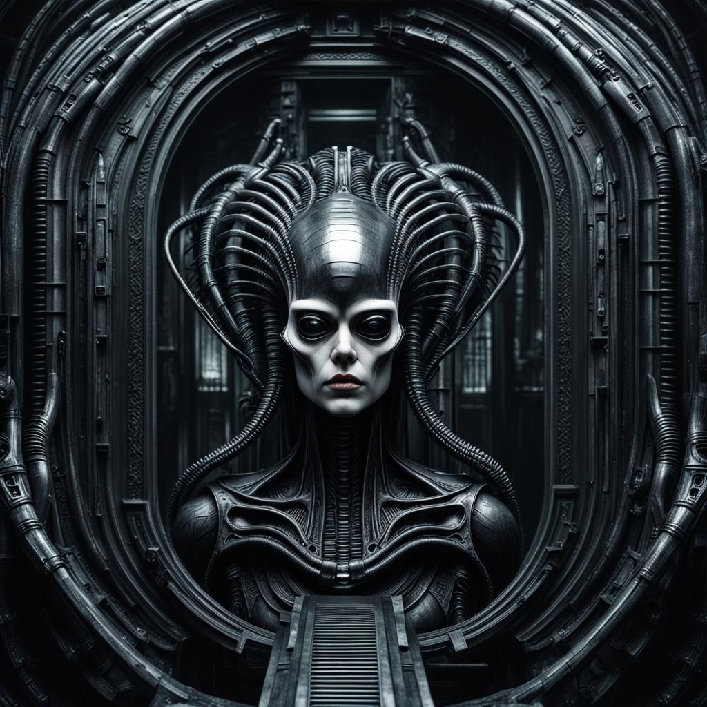 Giger-Inspired Dark Portrait with Sci-Fi Interface