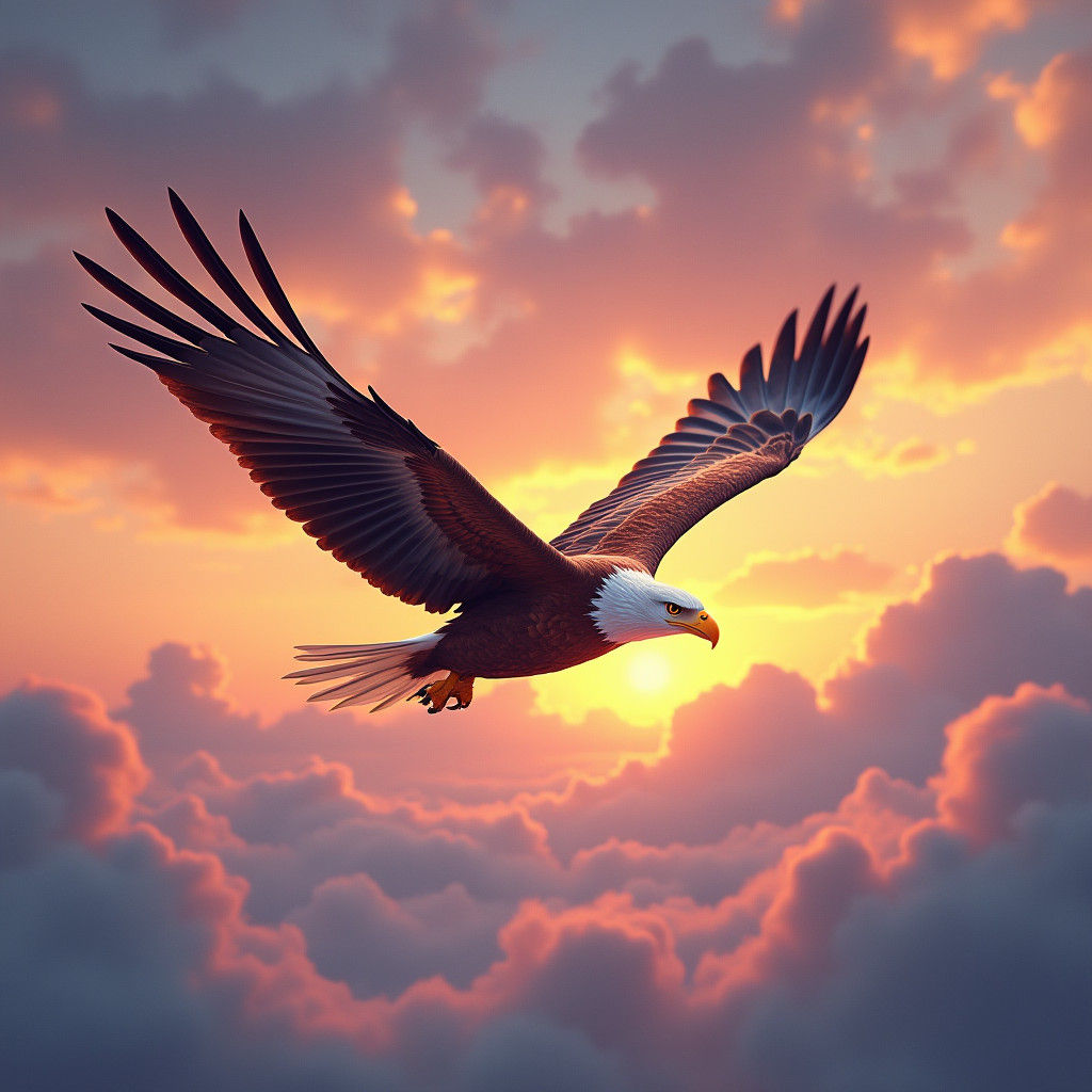 Eagle Soaring Over Sunset Clouds: Detailed Matte Painting
