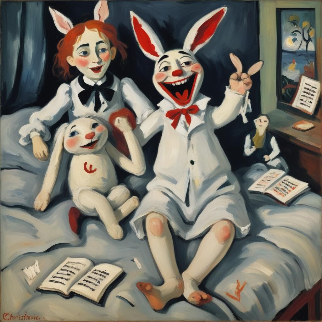 Vampire, Rabbit, and Puppet in Fauvist Style