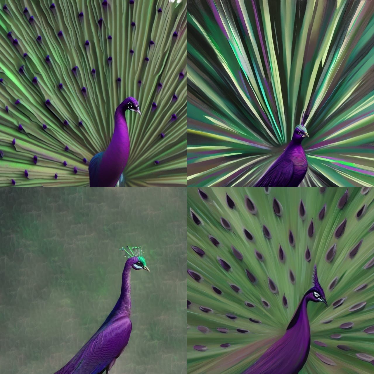 Purple peacock with its tail feathers spread