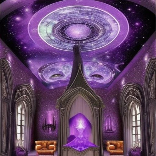 Gothic nighttime themed living room with cosmic ceiling& cosmic chandelier& Purple gothic furniture& huge amethyst table...