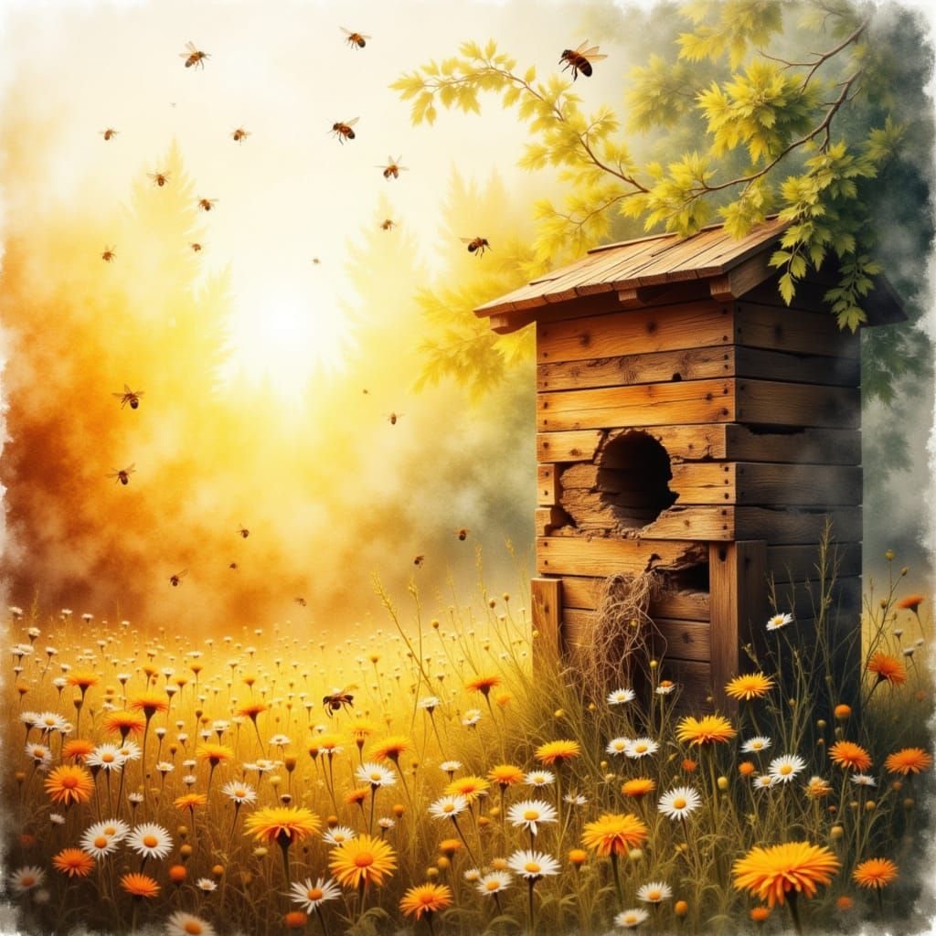 Ethereal Watercolor of Beehive in Flower Field