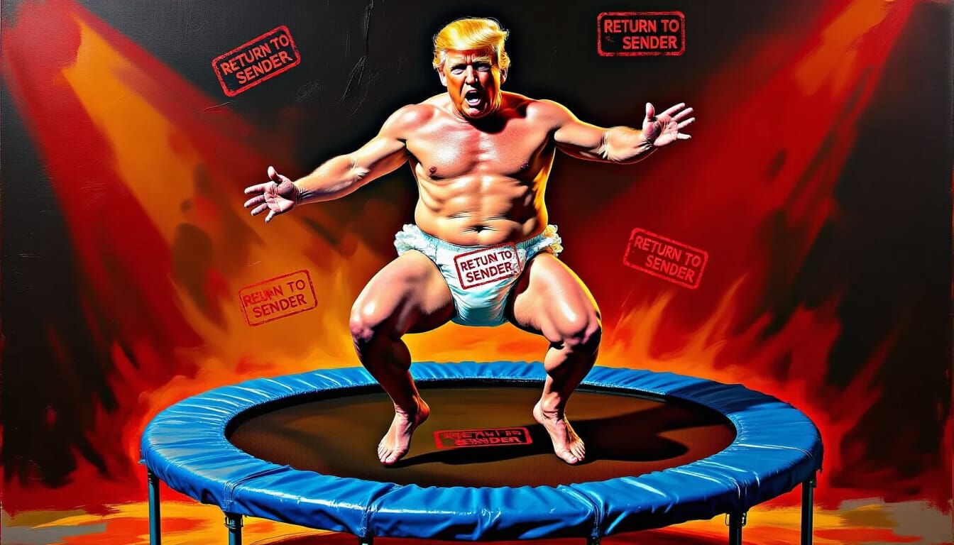 Surreal Trump in Diaper Bouncing on Trampoline