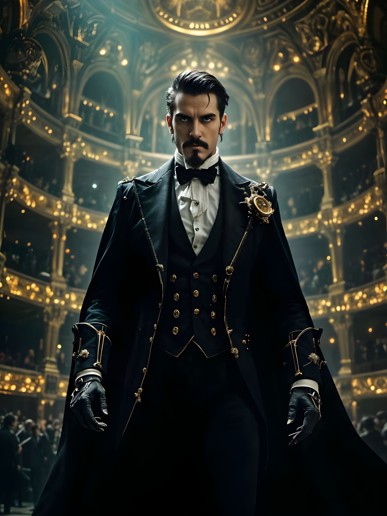 Mysterious Steampunk Conductor in Opera Theater