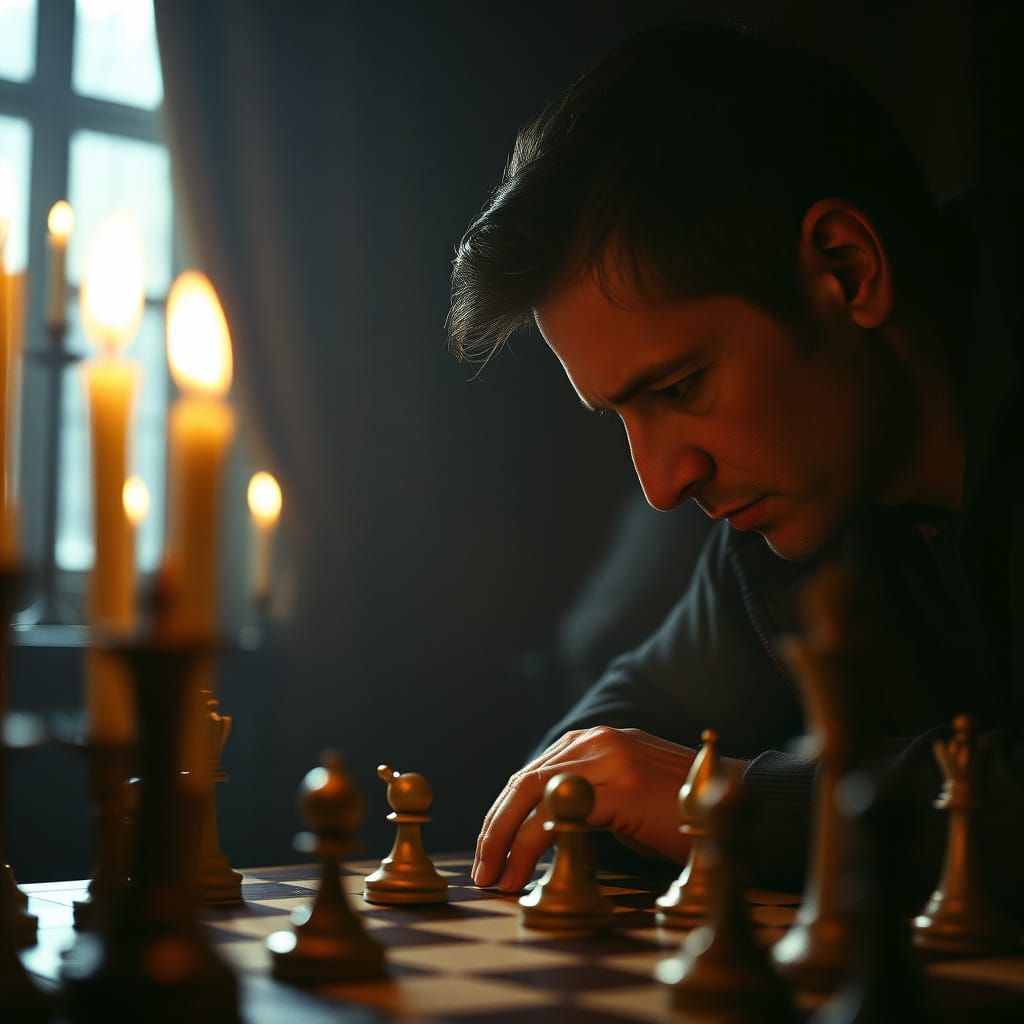Intense Chess Player in Flickering Candlelight