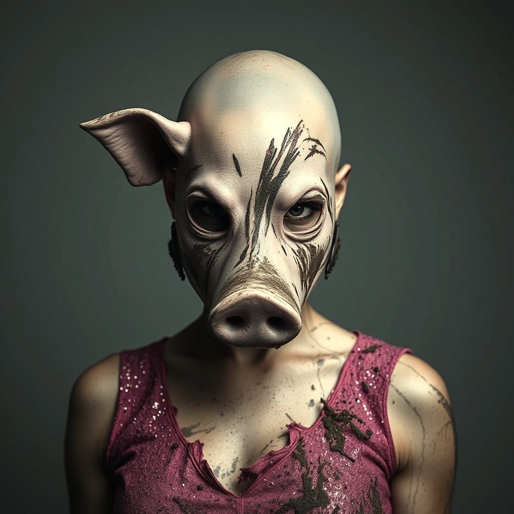 Moody Fine Art Portrait of a Woman in a Pig Mask and Glitter...