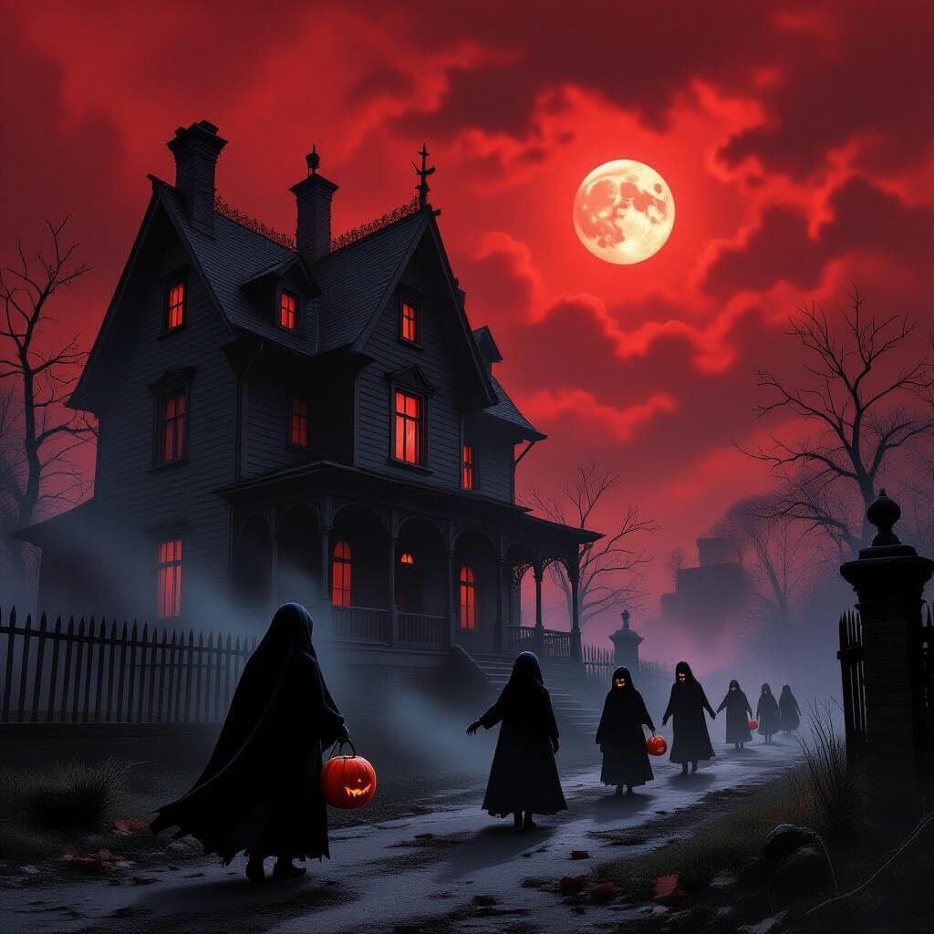 Nightmarish Trick-or-Treaters Approach Gothic House