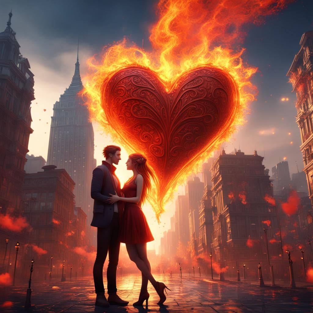 Fiery Heart of Love in a Cityscape