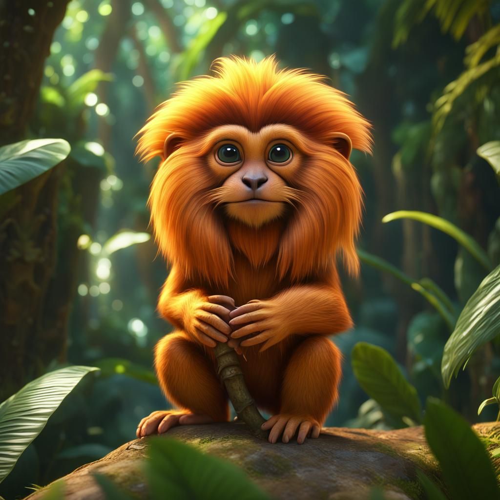 Cute and adorable Golden Lion tamarin at tropical forest, fantasy,