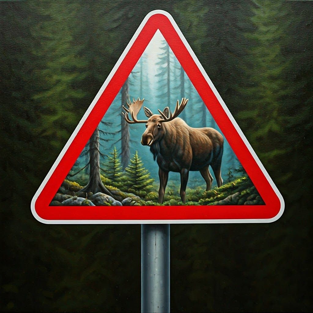 Majestic Norwegian Moose Road Sign in Oil Painting Style