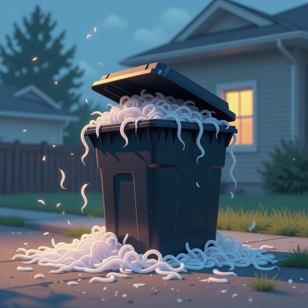 Worms Spill From Trash Can in Dark Realism Style