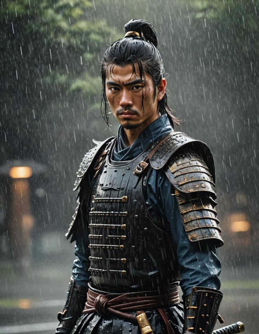 Samurai in Rain: Realistic Photo with Intense Gaze