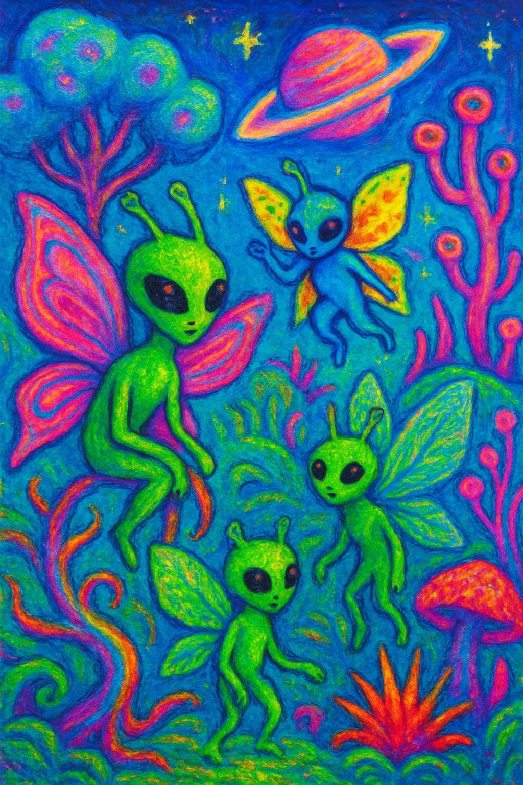 Whimsical Alien Fairies in a Bold Oil Pastel Illustration