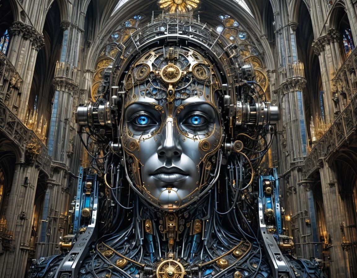 Cyberpunk Cathedral: Machine God in Gothic Setting