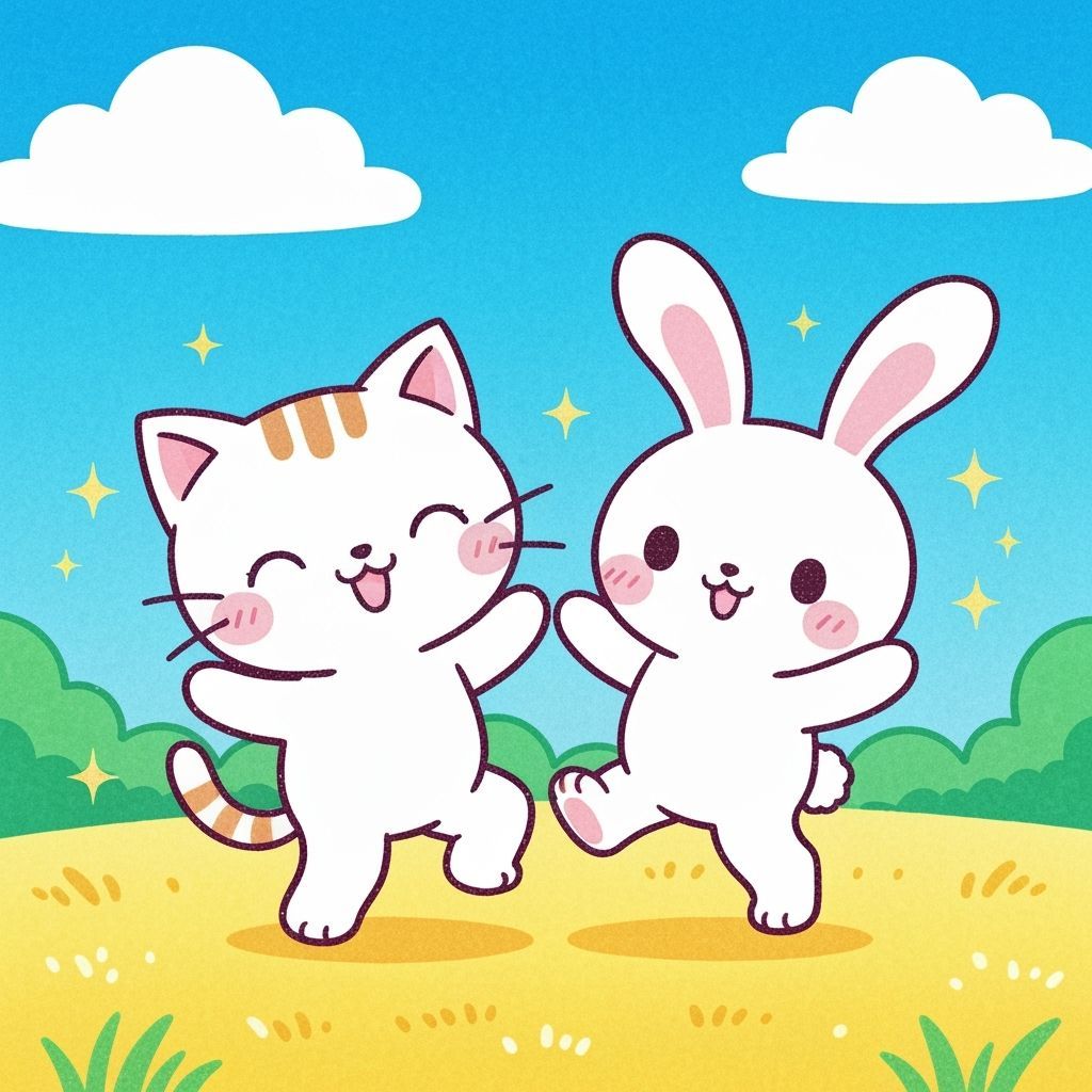 Kawaii Cat and Bunny Dancing in Sunny Field