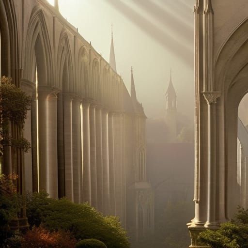 Cathedral Interior with Vaulted Ceiling in Dawn Light