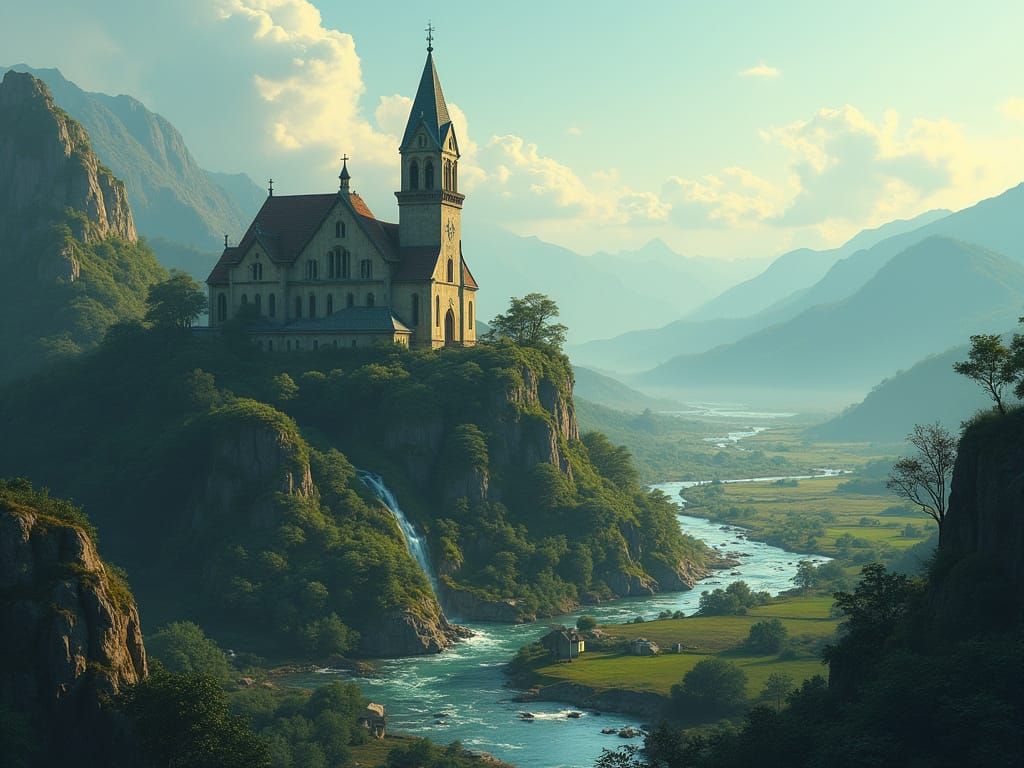 Ancient Primal Mythtech Church on a Hilltop