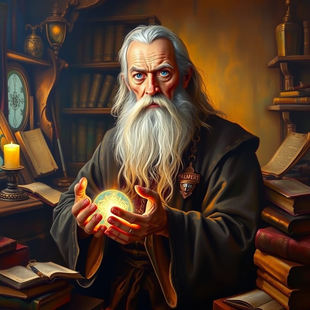 Ethereal Portrait of a Wizard in a Golden Study