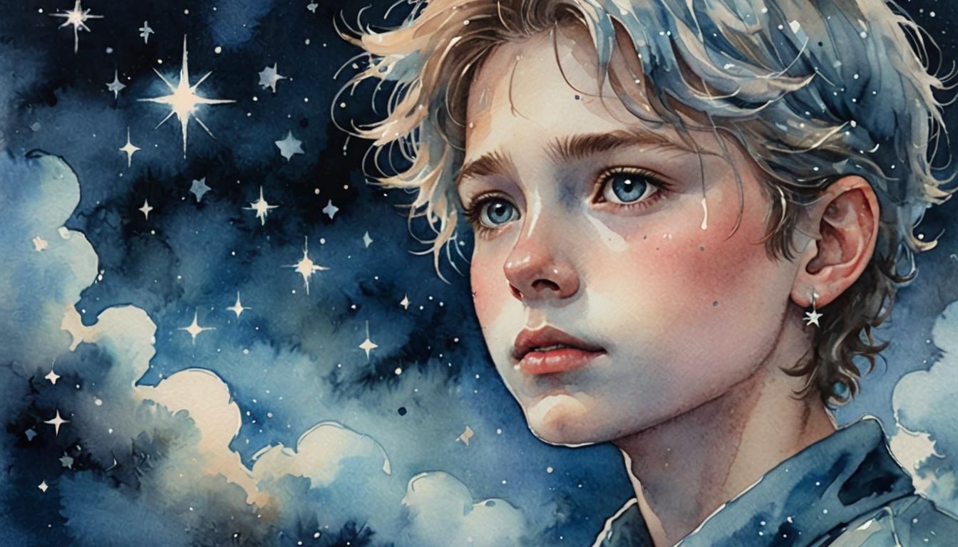 Boy Gazing at Starry Night in Watercolor Style
