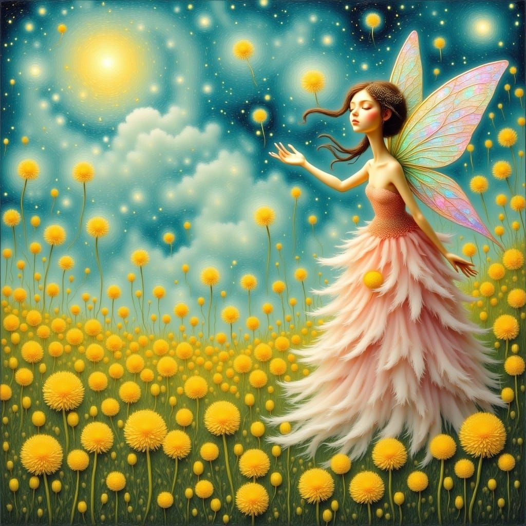 Luminous Fairies in Surreal Dandelion Meadow