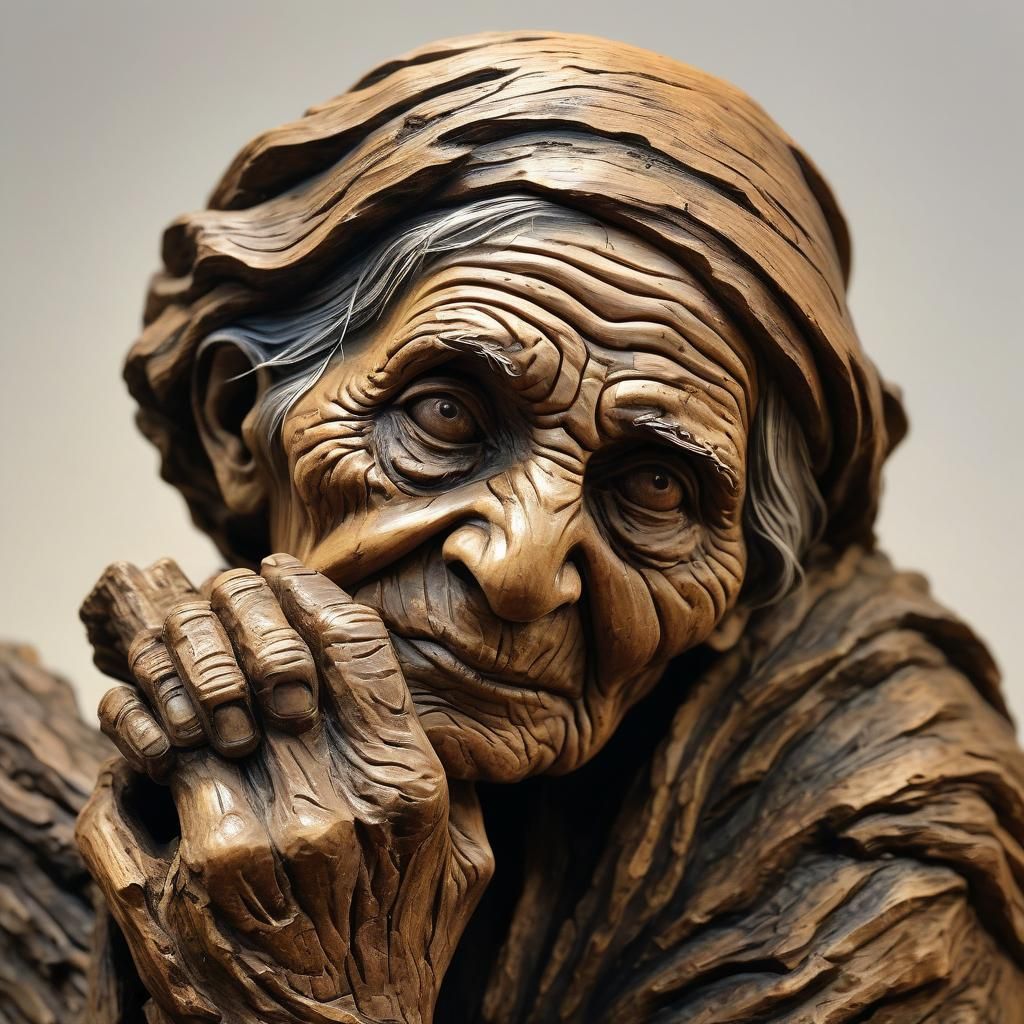 Surrealist Wood Sculpture of an Old Woman