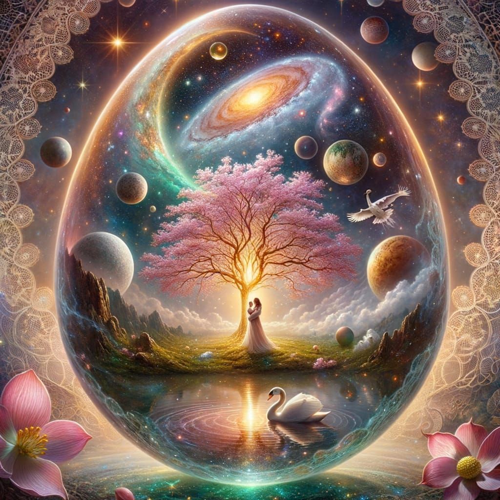 Galaxy in Glass Egg with Swan and Celestial Moon
