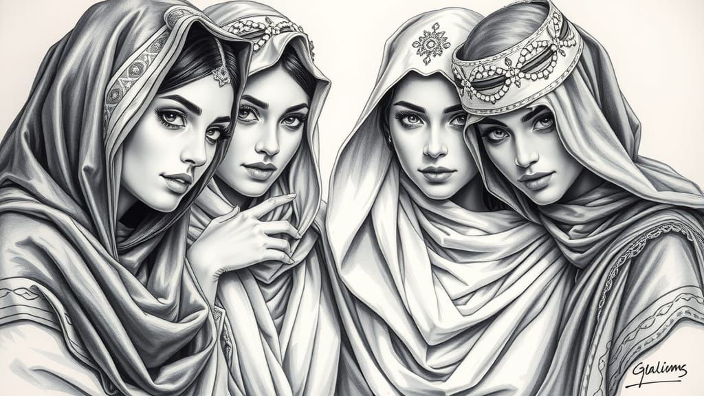 Exotic Arabian Harem Girls in Charcoal Drawing