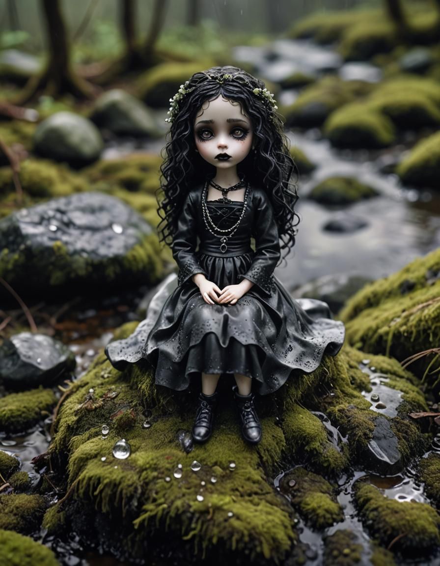 Miniature Goth Bride in Rainy Macro Photograph