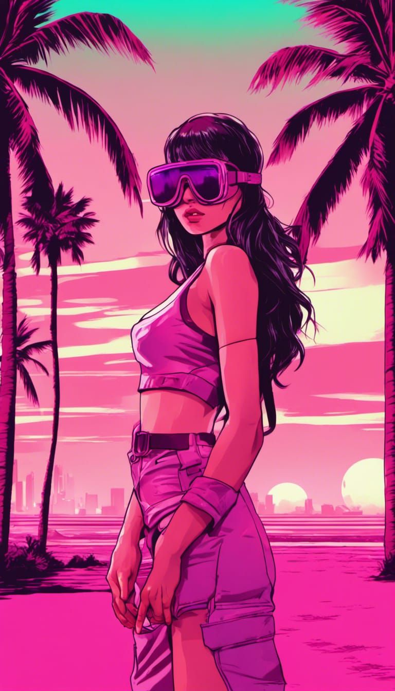 Anime Girl in Vice City with AK47, Vaporwave Style