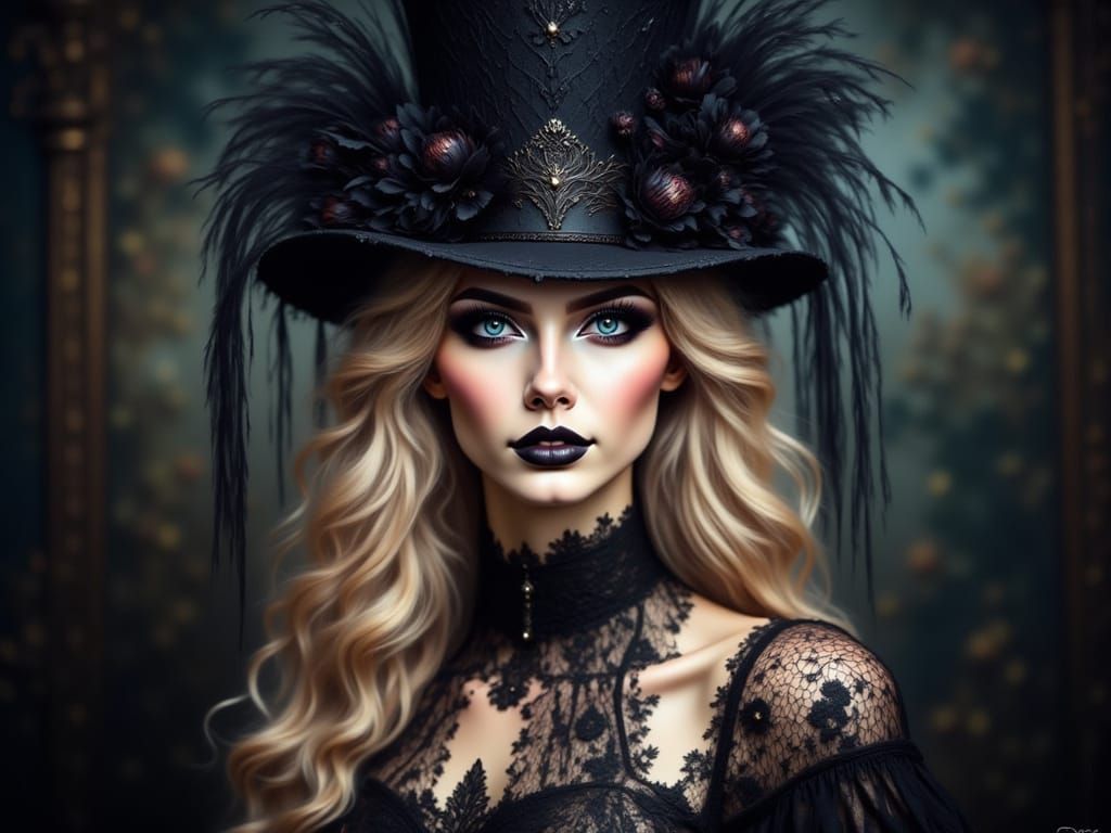 Elegant Victorian Woman in Black Lace Gown and Top Hat