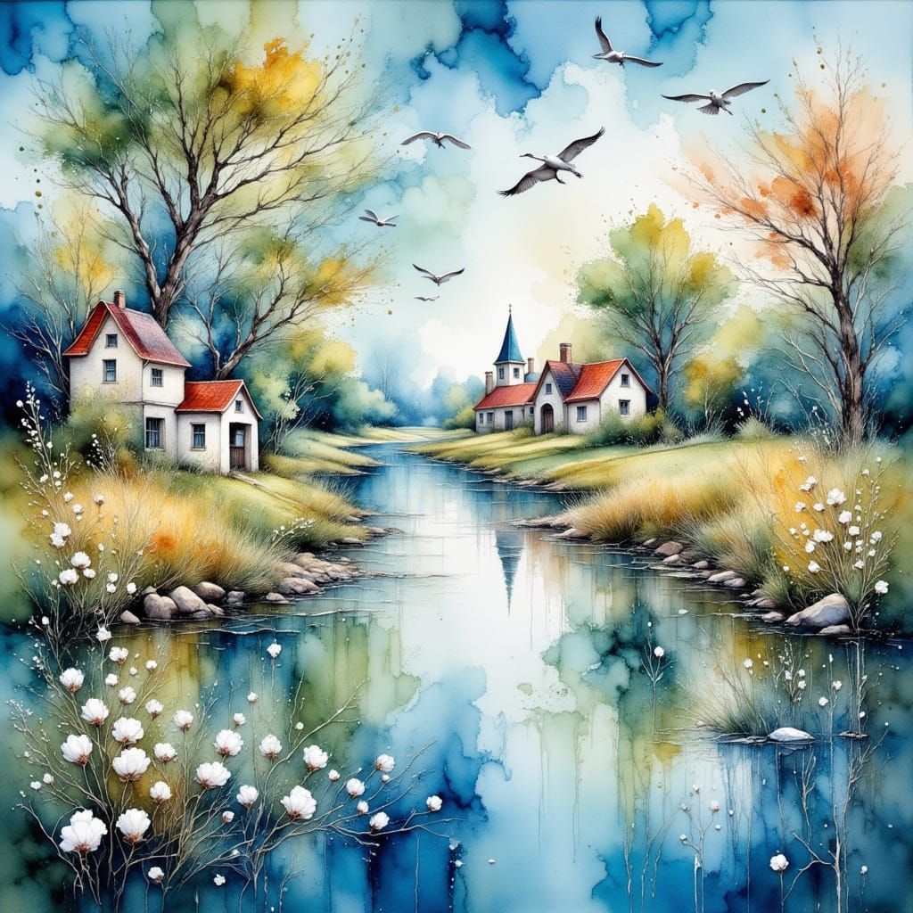 Impressionist Village Painting with Red Roofs and Flying Cra...