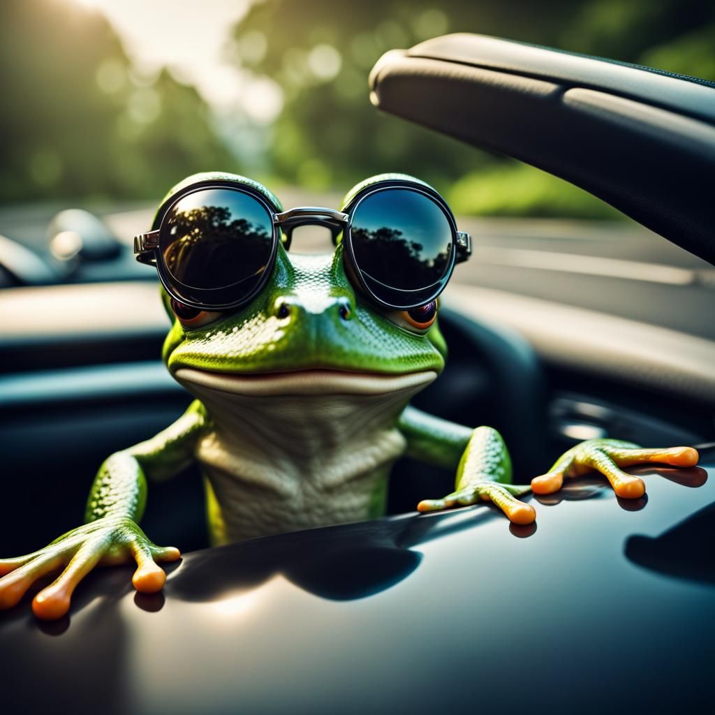 Frog with Sunglasses Driving a Car in HDR