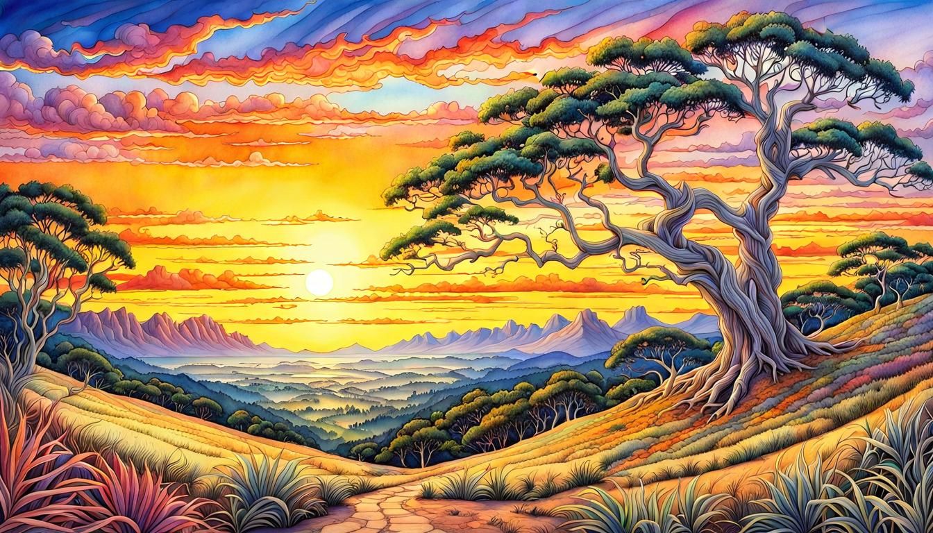 Colorful Australian Sunset in Watercolor Style