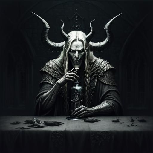 Demon  beautiful. Devil horns wings,
Long blonde braids
Smiling 
Vodka bottle
Eery dark castle intricate details, HDR, b...