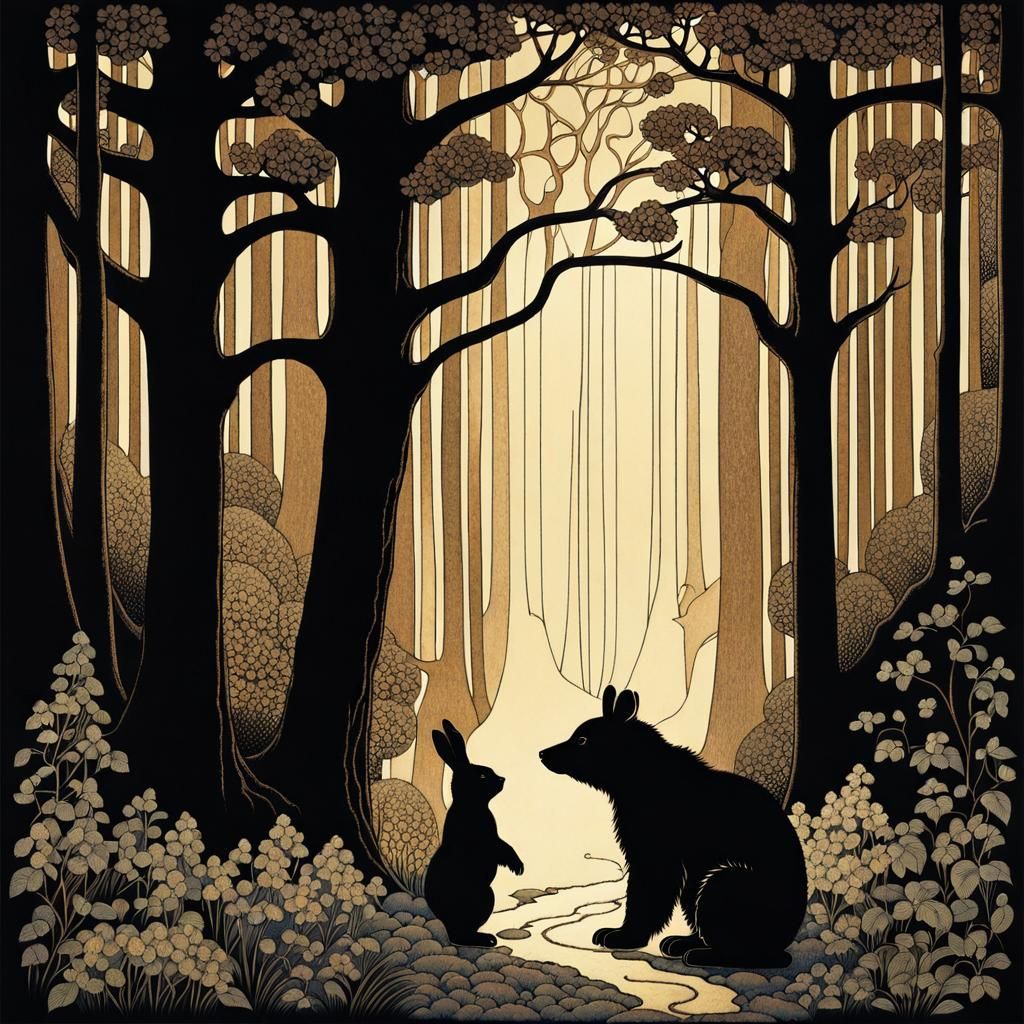 Rabbit and Bear Meeting in Enchanted Woods