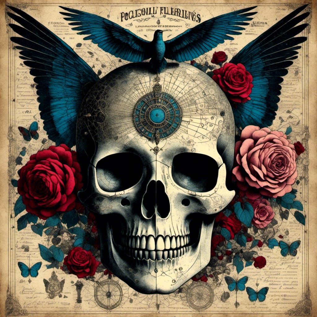 Vintage Skull Illustration with Roses and Gothic Elements