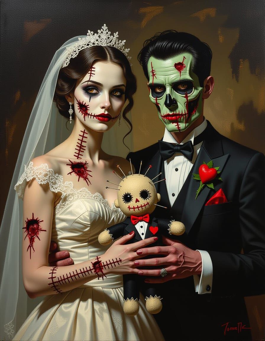 Zombie Bride with Voodoo Doll in Goya-Inspired Style