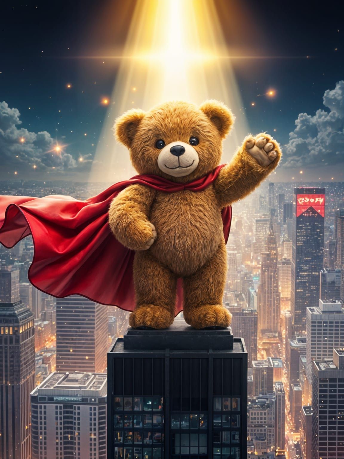 Hyperdetailed Teddy Bear Superhero Over Cityscape