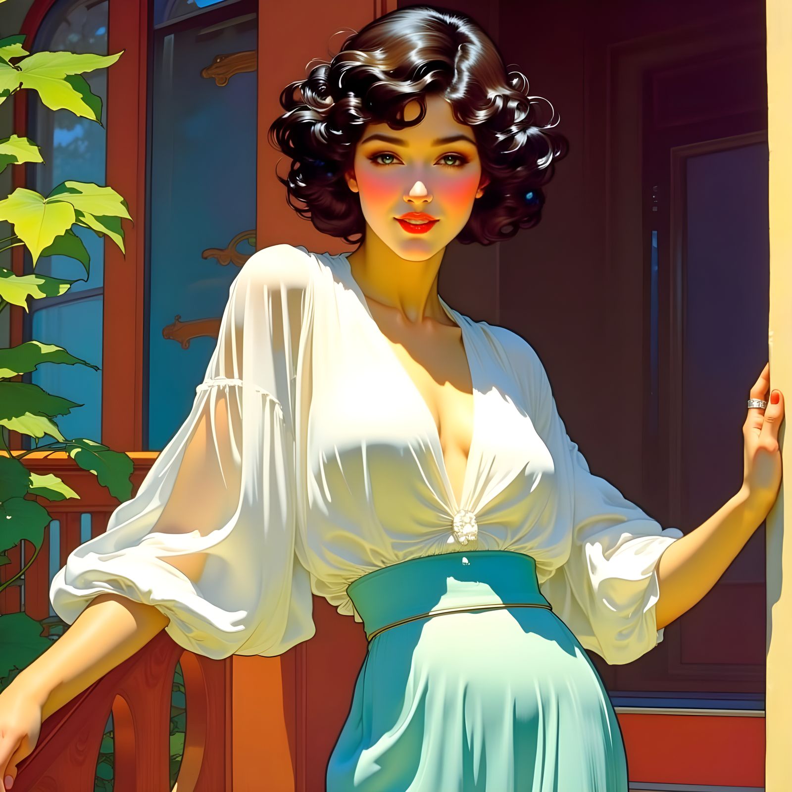 A 1980s Woman Smiles on a Sunny Porch with Art Nouveau Style