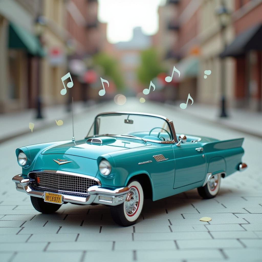 1950s Convertible on Paper Street with Floating Music Notes