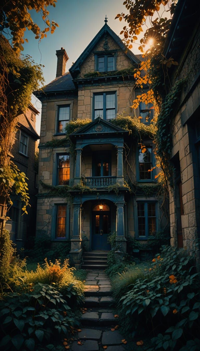 Moody Victorian House with Golden Hour Glow