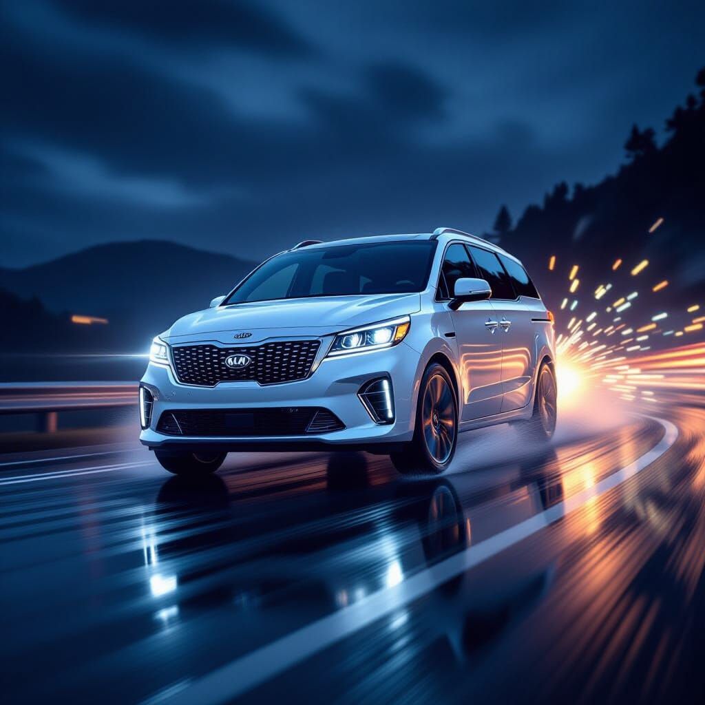 Kia Carnival Skids on Sharp Curve at Night