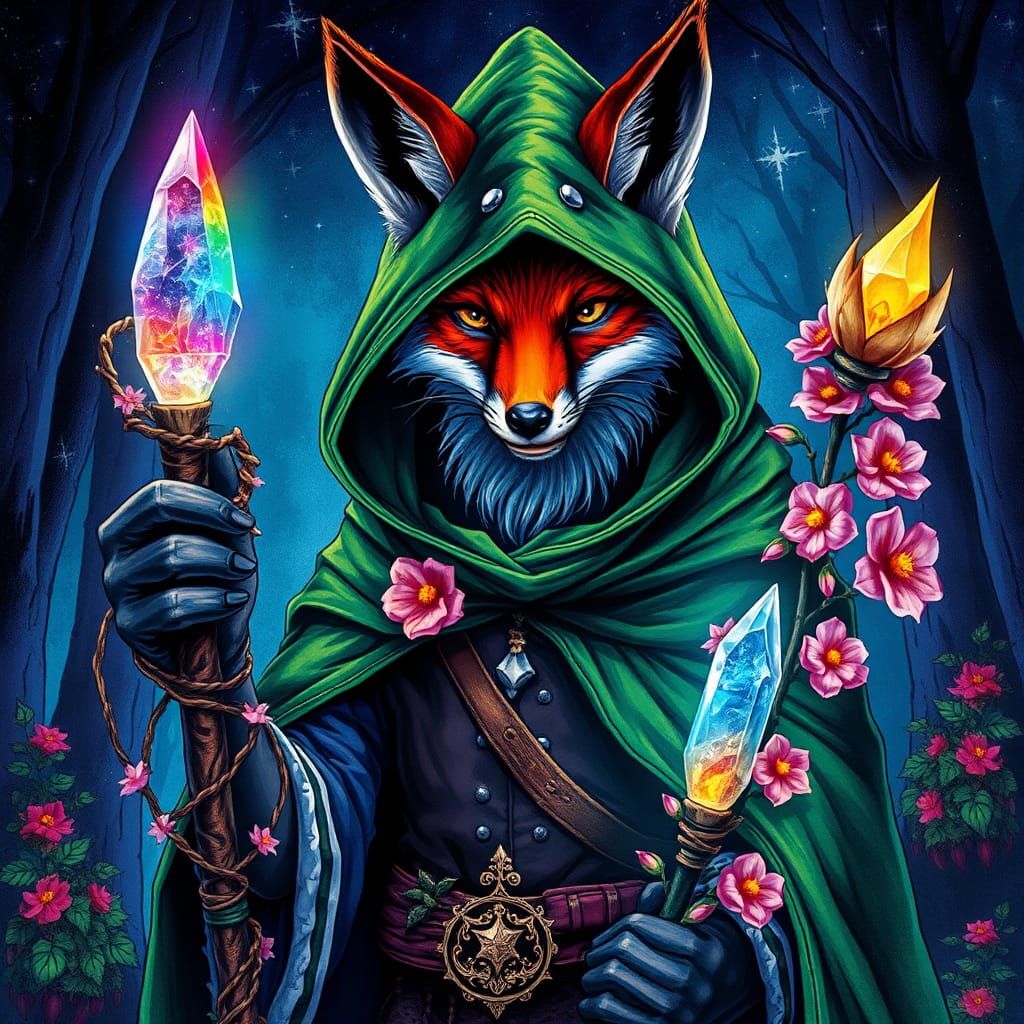 Fox Warlock with Crystal Staff in Dark Fantasy Style